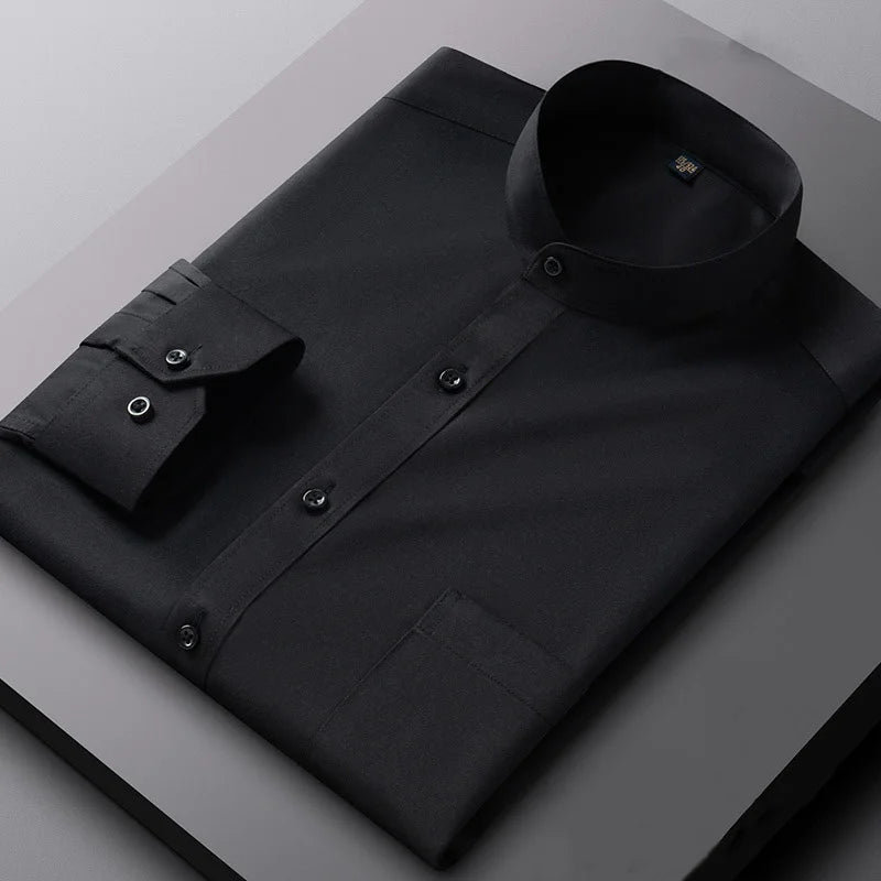New Spring Autumn Stand Collar Shirt Men's Long Sleeve Breathable Anti-Wrinkle Easy Care Business Casual Dress Shirts