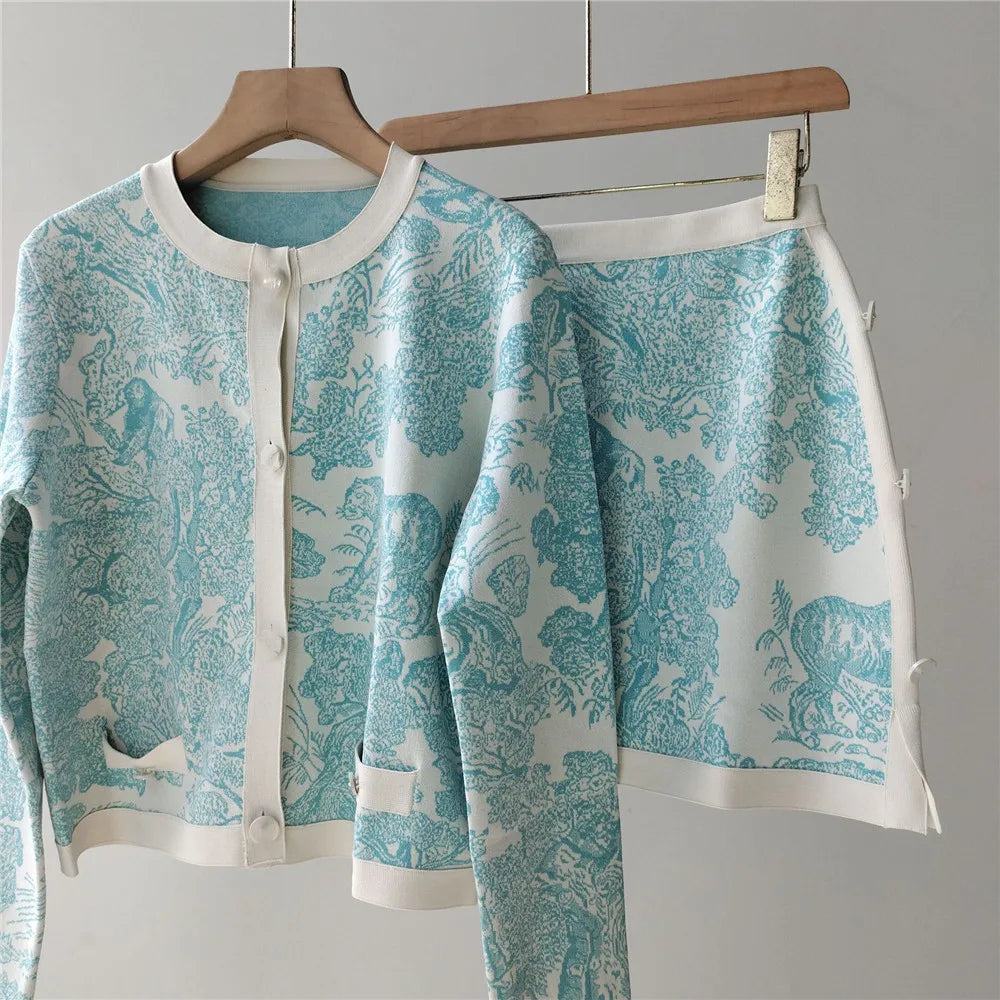 Women's Clothing 2025 Early Autumn New Style Temperament Jungle Jacquard Knitted Cardigan Top+French Elegant Half Skirt Two-Piec