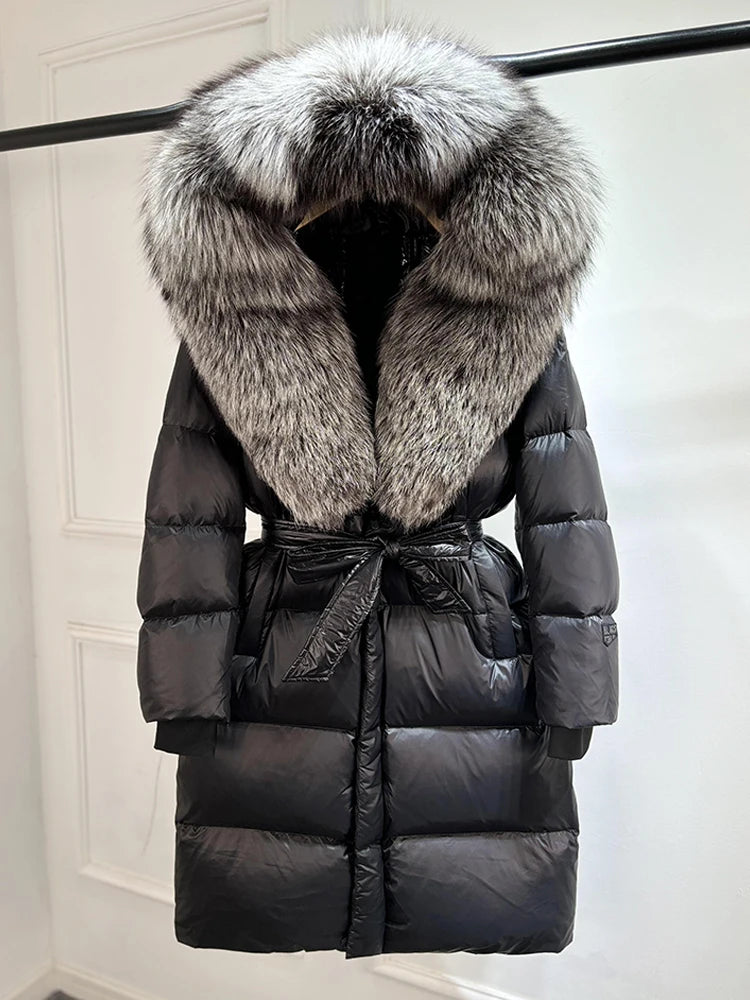 Janveny Winter Real Natural Fox Fur Hooded Long Puffer Down Jacket Women 90% Goose Down Coat Thick Warm Female Shiny Parkas