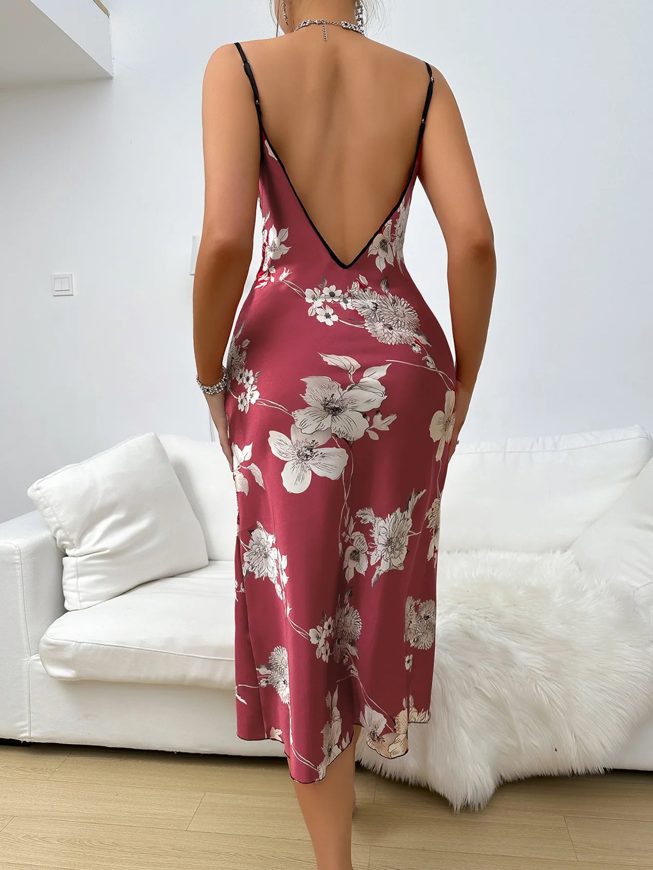 Fashion Backless Slit Ice Silk Camisole Skirt Nightgown Women's Summer Thin Breathable Imitation Silk Sexy Leopard Print Pajamas