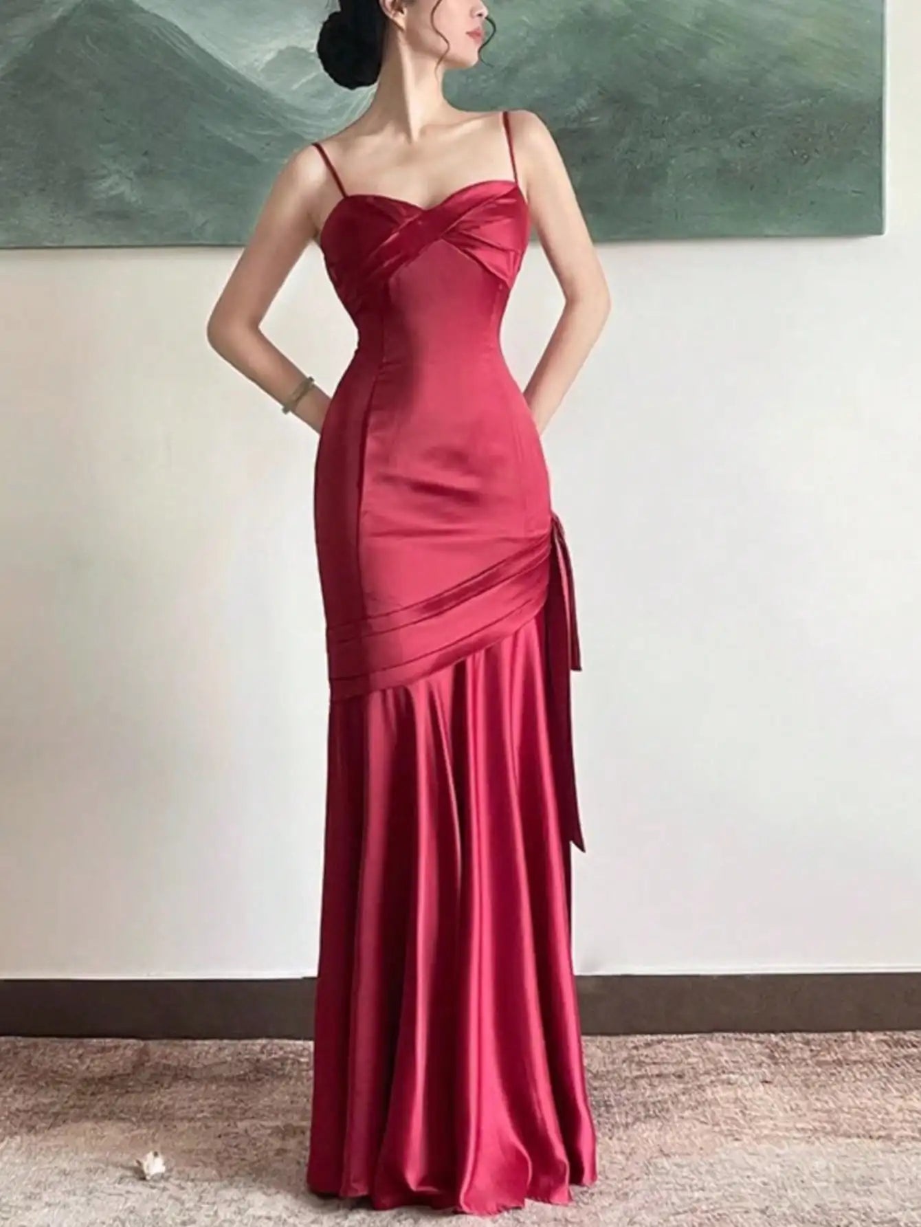 Women Elegant Red Maxi Evening Dresses Vintage Solid A Line Fashion Slim Party Birthday Prom Femmle Wedding Guest Vestido Summer