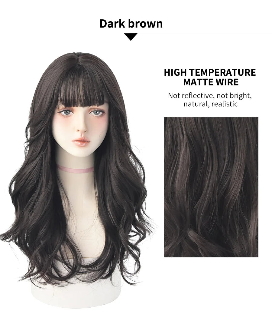 7JHH WIGS Popular Brown Ash Long Deep Wave Hair Lolita Wigs With Bangs Synthetic Wig For Women Fashion Thick Curls Wigs Girl