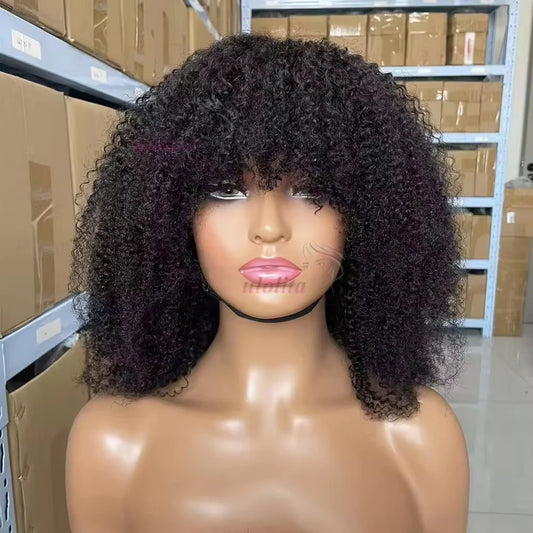 Super Double DrawnAfro Kinky Curly 100% Human Hair 16 Inch Full Machine Wig For Black Women Brazilian Virgin Hair Remy Hair Soft