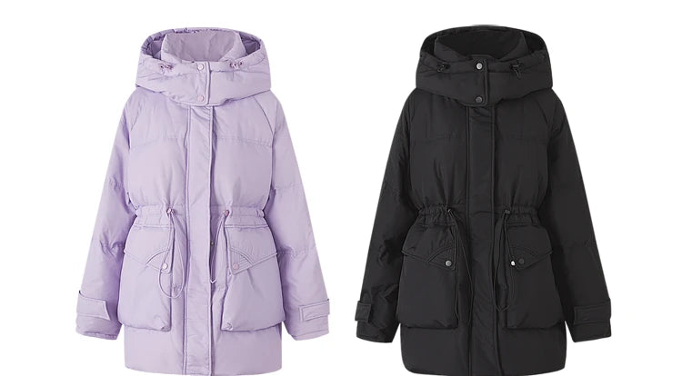 Metersbonwe Women's  Oversized Long Hooded Down Jacket Adjustable Pig Nose Buckle Waist Belt Utility Duck Down Parka Warm Winter