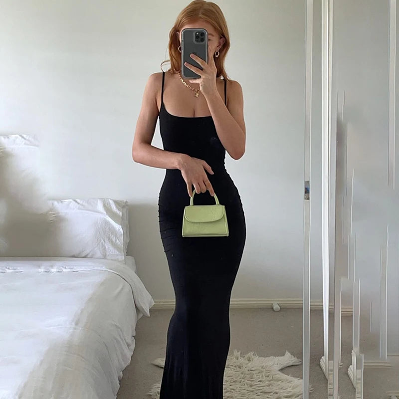 Women Backless Sexy Maxi Dress 2025 Spring Satin Slip Sleeveless Slim Party Concise Платье Female Bodycon Dress Elegant Clothing