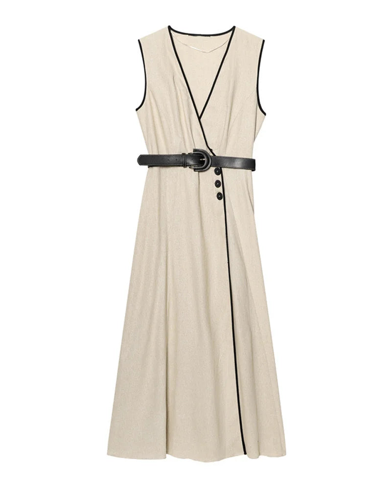 Y2K Patchwork V-neck Midi Dress With Belt Women Elegant Sleeveless Evening Party Tank Dress Summer Vacation Chic Beach Vestidos