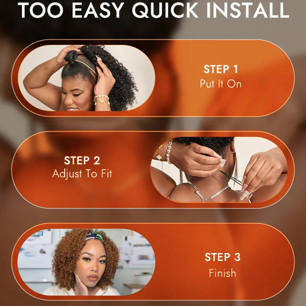 Auburn Brown Color 3 IN 1 Kinky Curly Half Wig Human Hair Clip-in Upgrade Glueless Wig Machine Made Invisible Hairline