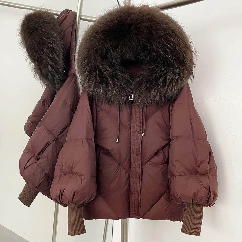 Duck Down Coat Women Winter Real Fox Fur Raccoon Fur Collar Hooded Down Jacket Detachable Thick Warm Loose Streetwear Outerwear