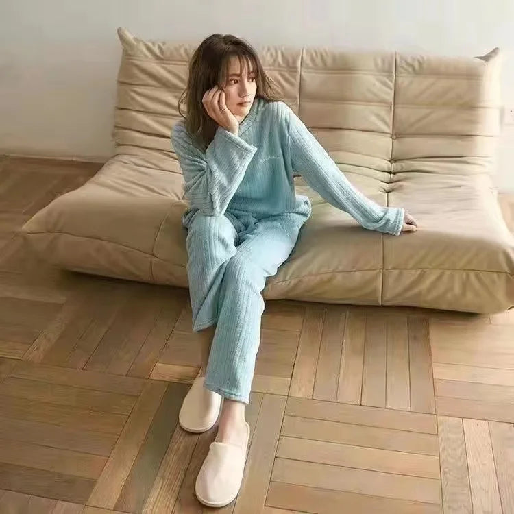 2022 Autumn Winter Warm Flannel Women Pyjamas Sets Thick Coral Velvet Long Sleeve Cartoon Sleepwear Thin Flannel Pajamas Set