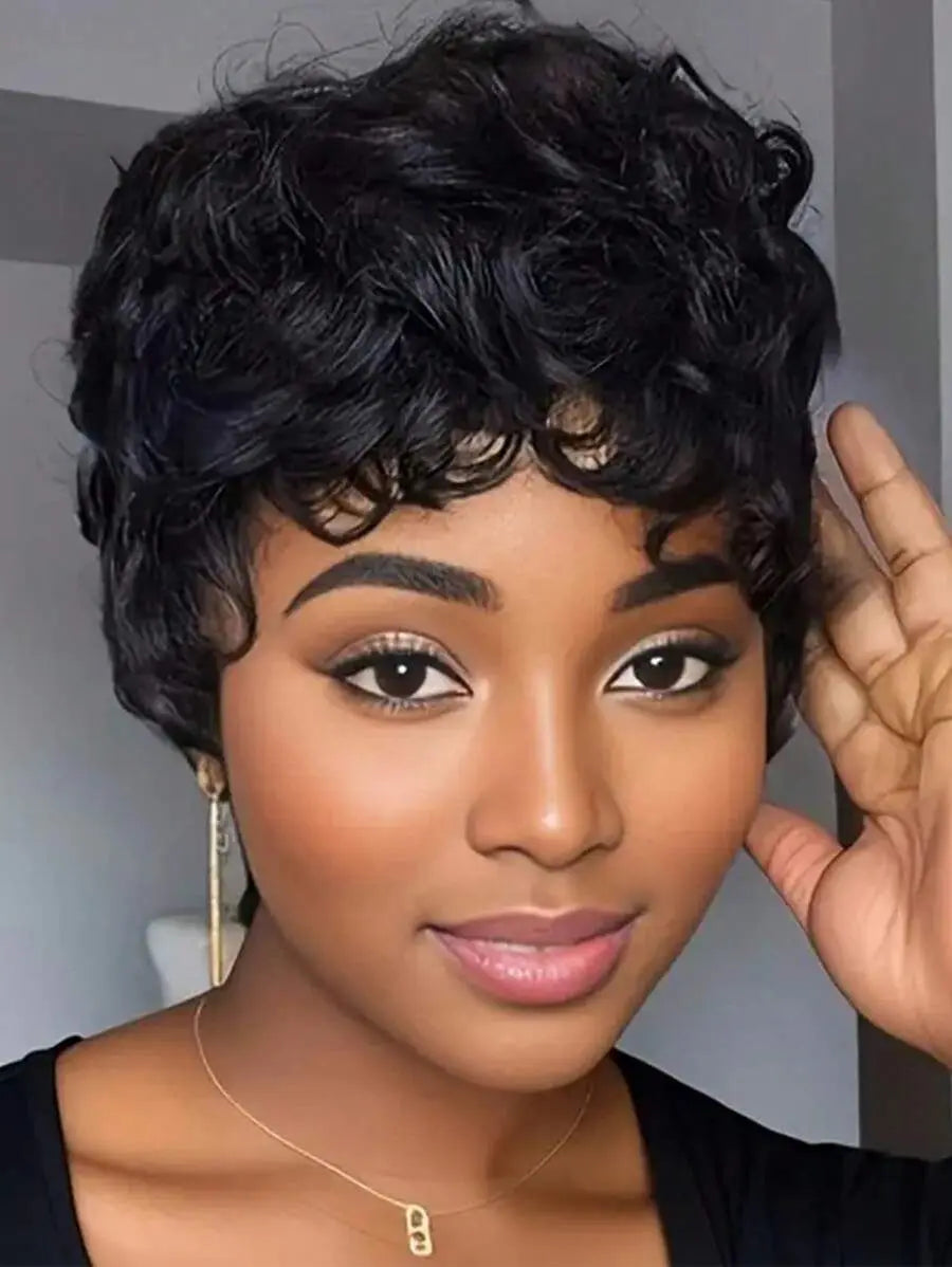 Pixie Cut Wigs 100% Human Hair Wigs Short Curly Pixie Cut Wigs Full Machine Made Wig Pixie Curly Black 1B Color For Black Women
