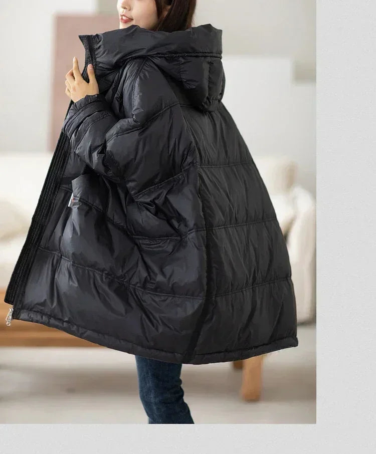 2024 New Winter Women 90% White Duck Down Jacket Casual Loose Over Size Warm Parka Female Drawstring Hooded Puffer Coat