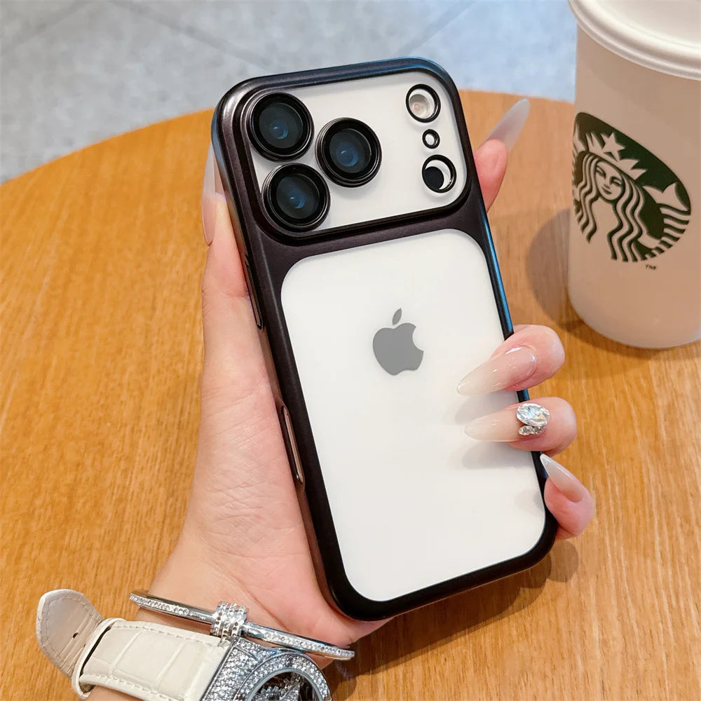Luxury Frosted Transparent Matte Phone Case For iPhone 16 15 17 Pro Max Air Full Lens Protector Metallic Color Frame Armor Cover
