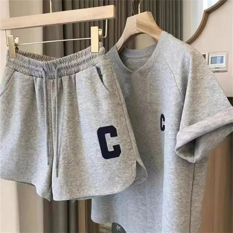 ﻿ 2 Piece Set Women Summer Loose Short Sleeve T-Shirt Casual Shorts Sports Print Letter Casual Suit Large Size Short Pajamas