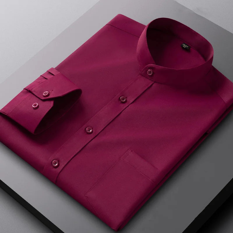 New Spring Autumn Stand Collar Shirt Men's Long Sleeve Breathable Anti-Wrinkle Easy Care Business Casual Dress Shirts