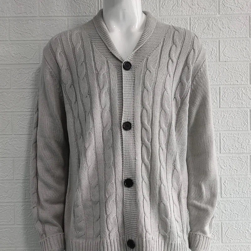 Autumn Winter Men's Warm Knitted Sweater Solid Single-breasted Twisted Texture Cardigan Lapel Slim Buttoned Thick Sweater Male