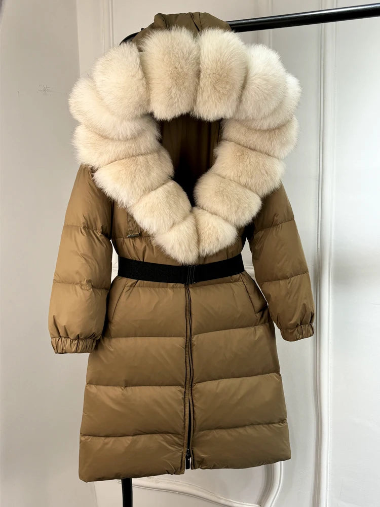Lagabogy 2025 Winter Puffer Jacket Women Real Fox Fur Hooded Collar Thick Warm Long White Duck Down Coat Loose Luxury Outerwear