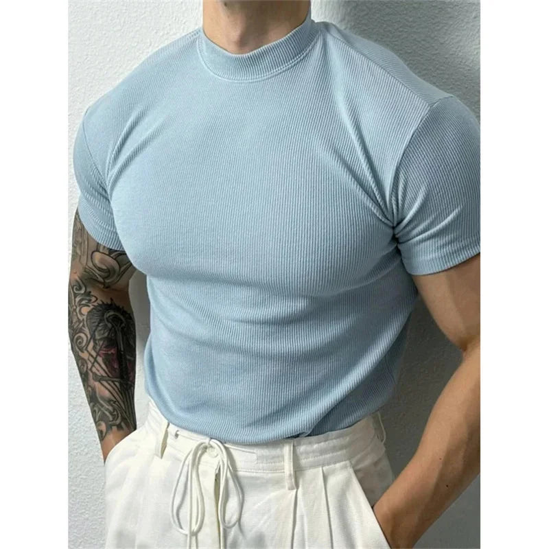 spring summer Elastic Comfortable Men's T-shirt Small high collar stripe shirt short sleeve fitness tops sports casual T-shirt