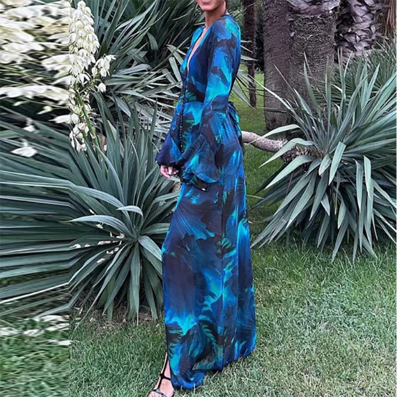 Show Style Floral Print Maxi Slim Dress Women Luxury Deep V-Neck Chiffon Party Dress 2025 Spring Elegant Long Sleeve Slit Dress