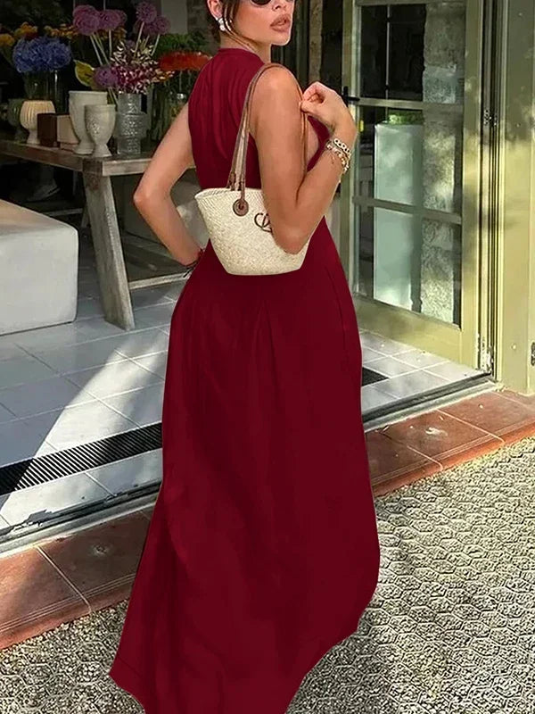 Lemongor Women Fashion Solid Color Zipper A-Line Dress 2025 New Summer Sleeveless Pockets Pleated Party Evening Maxi Dresses