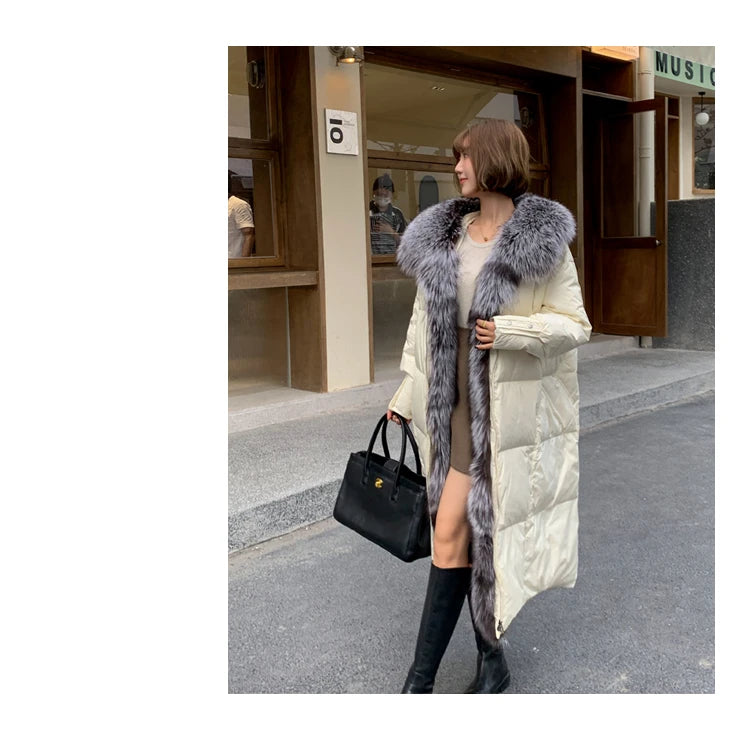 2025 New Winter Women Warm Coat 90% Goose Down Jacket Long Real Fox Fur Collar Thick Luxury Outerwear Female Coat Streetwear