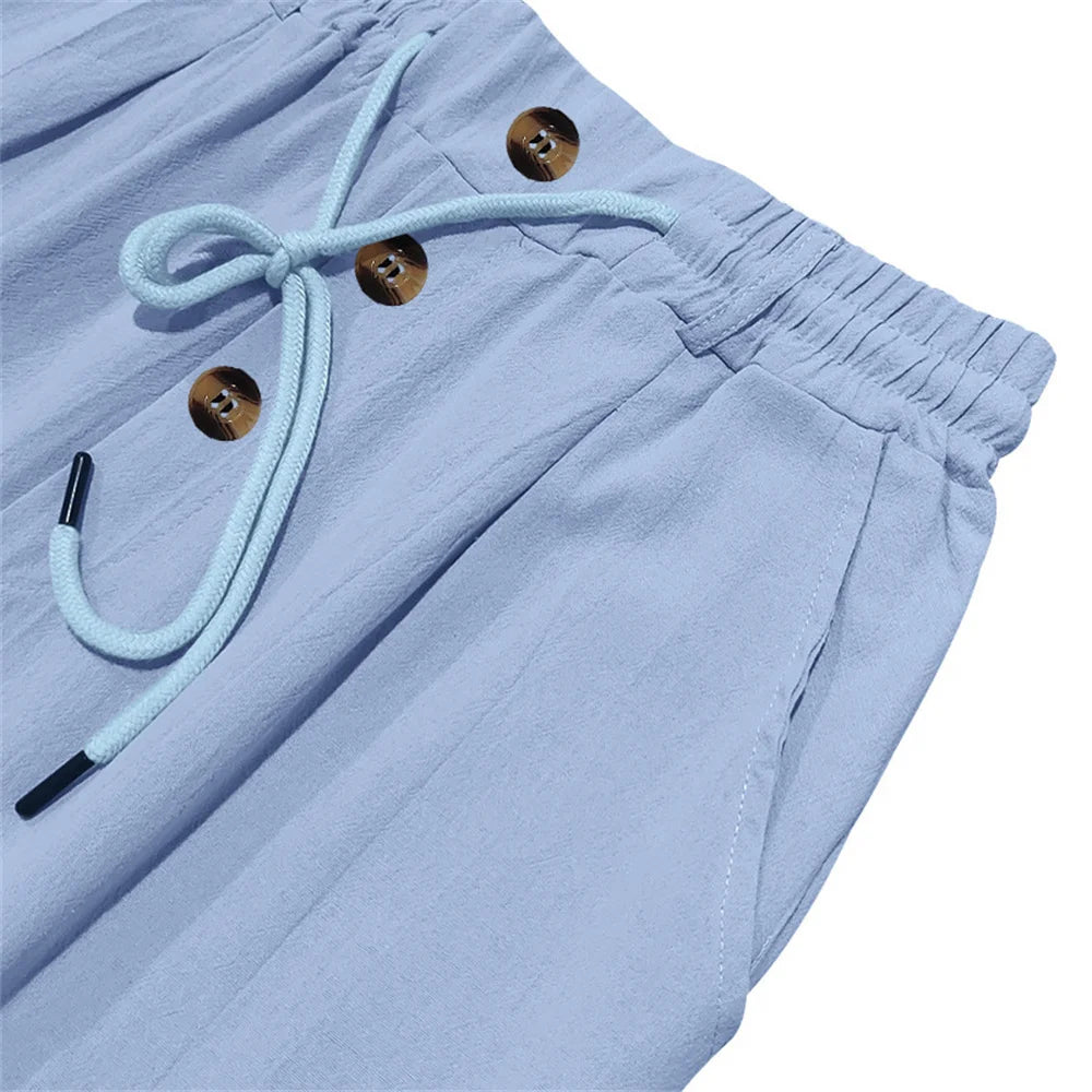 Autumn New Men's Cotton Pants Solid Color Button Drawstring Design Casual Loose Fit Cozy Trousers Simple Style Long Pants