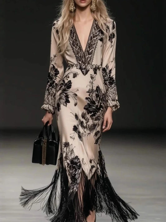 Elegant Maxi Dress for Women French Style Long Sleeve Satin Printed Evening Dress Deep V-neck Tassel Grandiose Chic Dresses