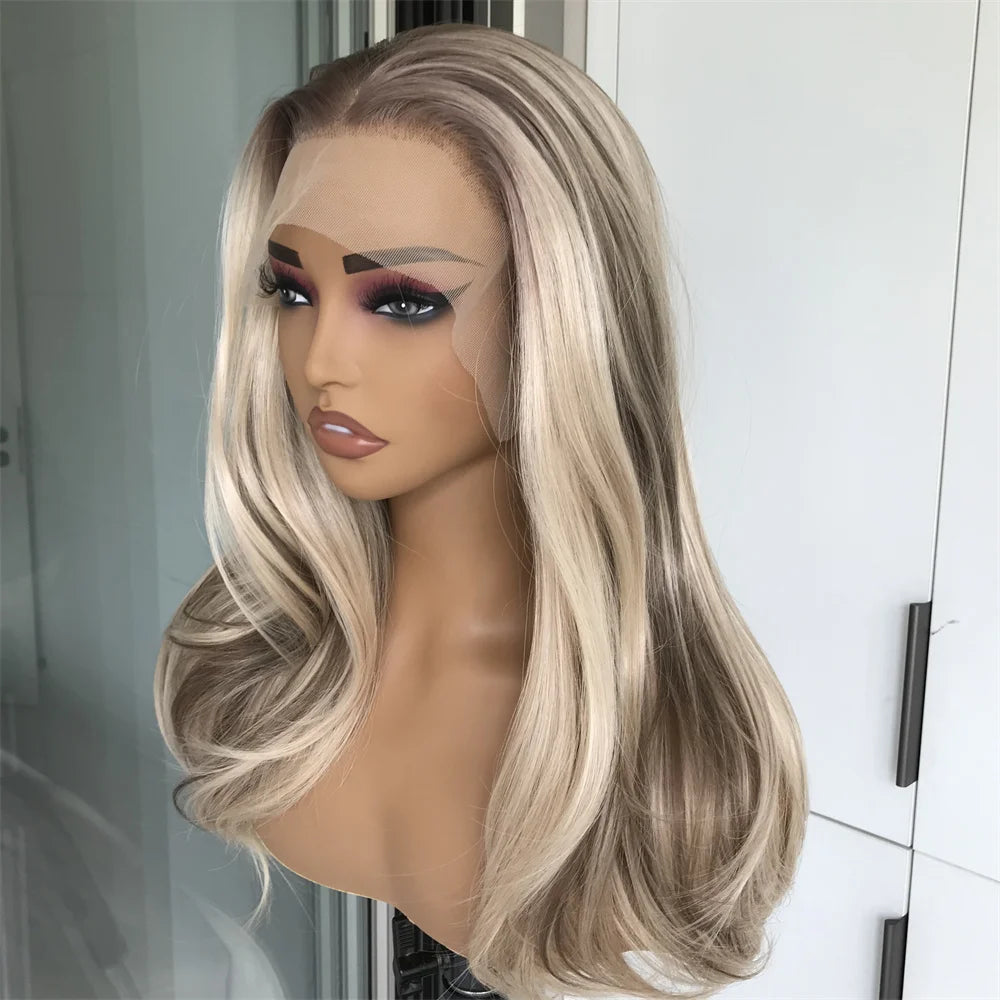 Highlight Honey Blonde Synthetic Lace Front Wig for Women 13x4 Lace Plucked Middle Length 18inch Heat Resistant Fiber Daily Use