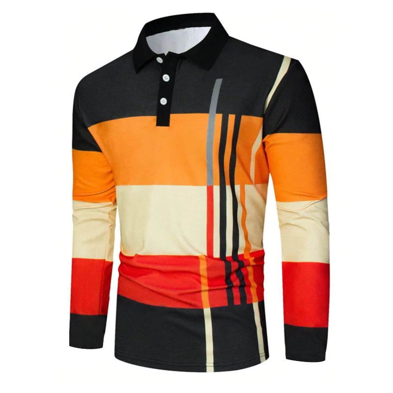 New Men Clothes Spring Autumn Long Sleeve 3D Digital Print Spell Color Polo Shirt Men Slim Fit Lapel Golf Polo Shirt Tops