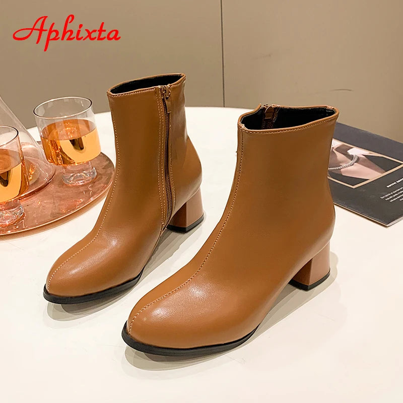 Aphixta 2023 Winter Side Zipper Shoes Women Boots 5cm Square Heel Ankle Boots Brown Botines Mujer Ladies Big Size Shoes