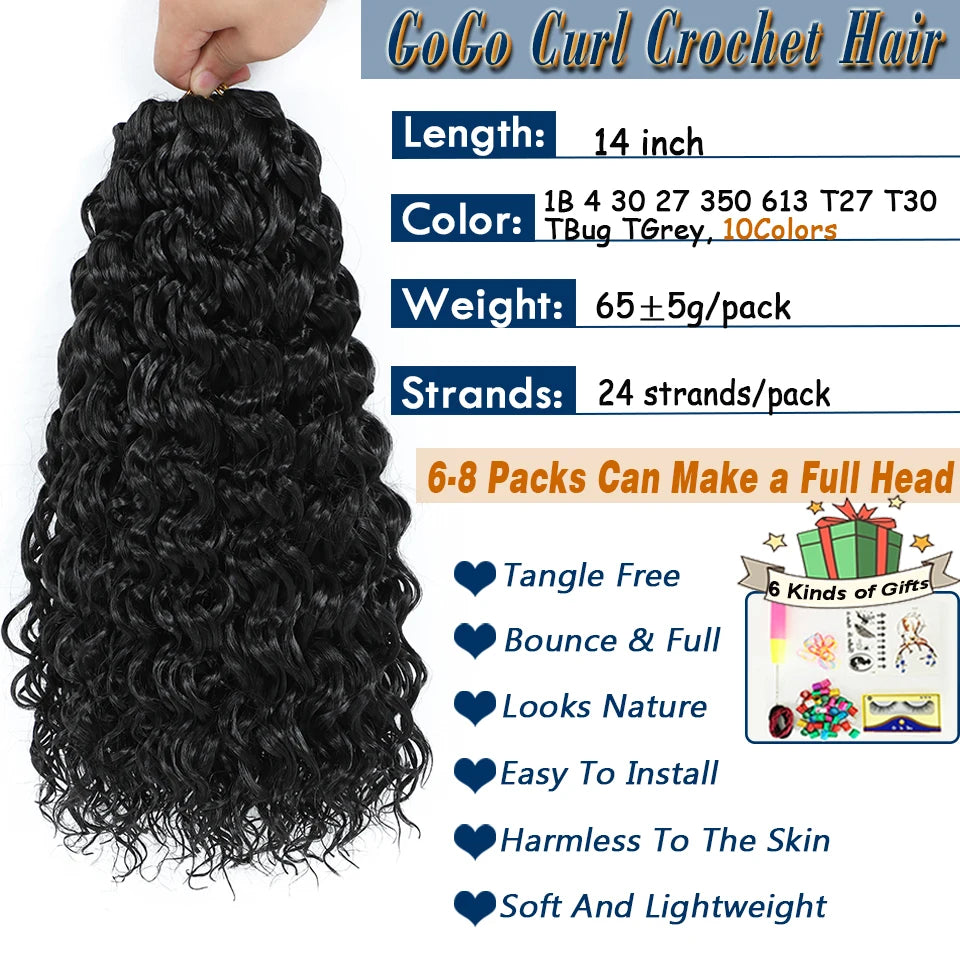 GoGo Curl Crochet Hair 14inch Curly Ocean Wave Synthetic Braiding Hair Jet Black Beach Curl Water Wave Deep Twist Crochet Braids