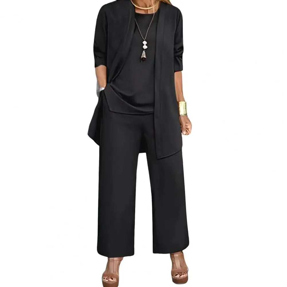 Women Clothes Stylish Women's 3-piece Pantsuit Set with Long Sleeve Cardigan O Neck Vest Wide Leg Trousers Fall Spring Outfit