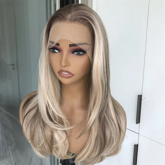 Highlight Honey Blonde Synthetic Lace Front Wig for Women 13x4 Lace Plucked Middle Length 18inch Heat Resistant Fiber Daily Use