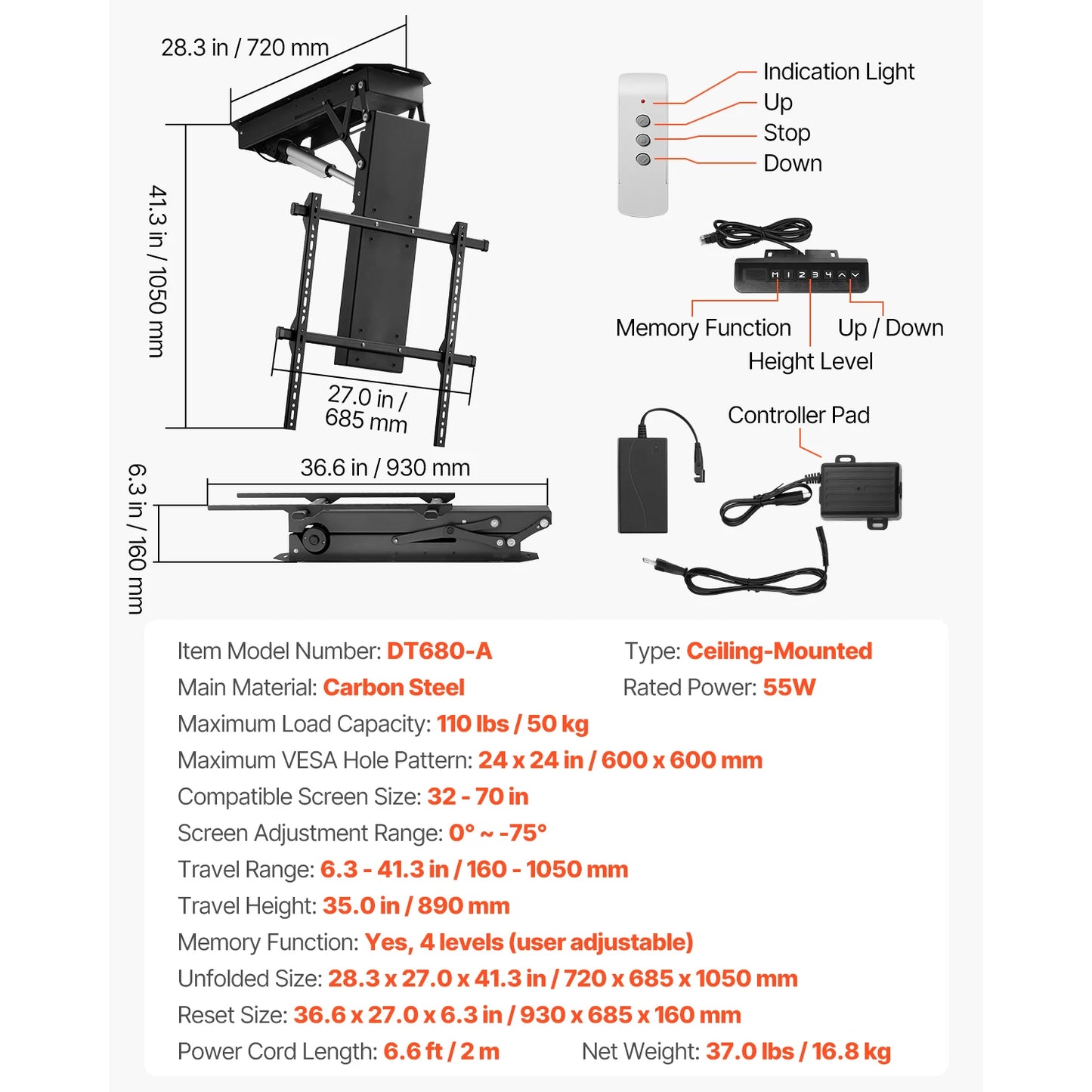 SucceBuy Motorized TV Wall Mount for 32 to 55/65/70 Inch Adjustable TV Mount Bracket w/ Max VESA 24 x 16/24 in Up to 88-132 lbs