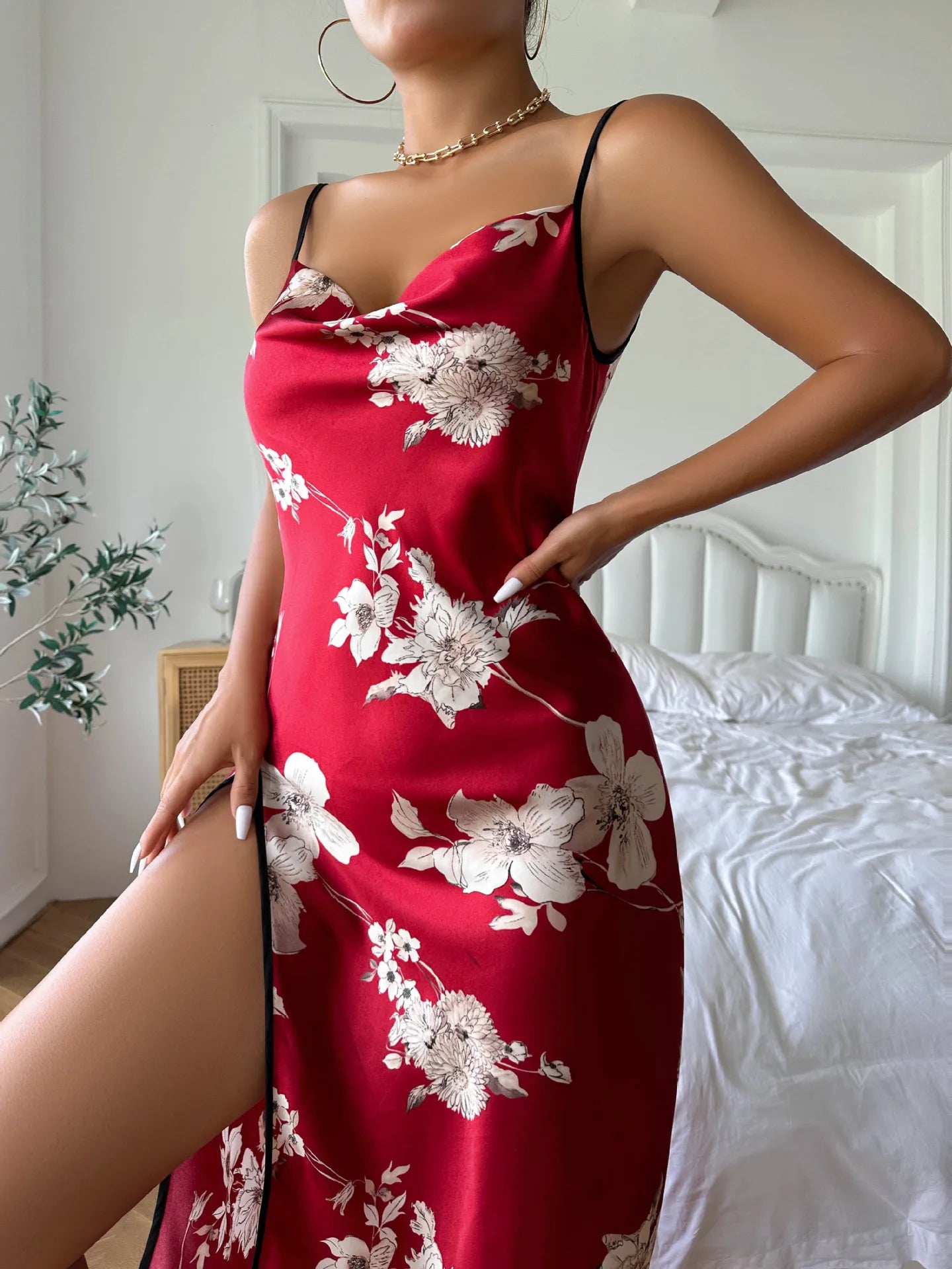 Fashion Backless Slit Ice Silk Camisole Skirt Nightgown Women's Summer Thin Breathable Imitation Silk Sexy Leopard Print Pajamas