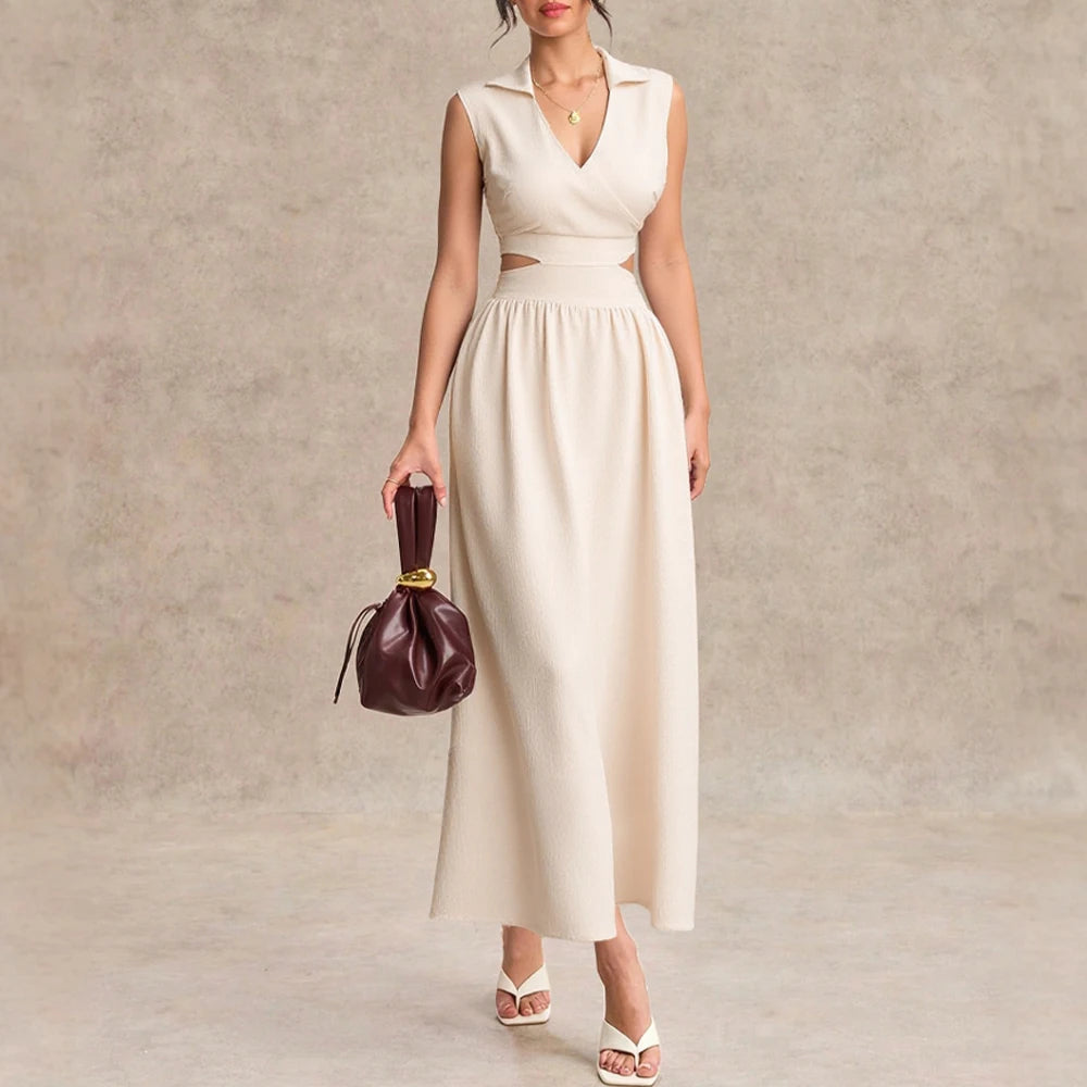 Mia Muse Dresses Summer Comfortable French Elegant Fashion Cut-Out Chic Sleeveless V-Neck Maxi Sweet Dating Dresses For Women