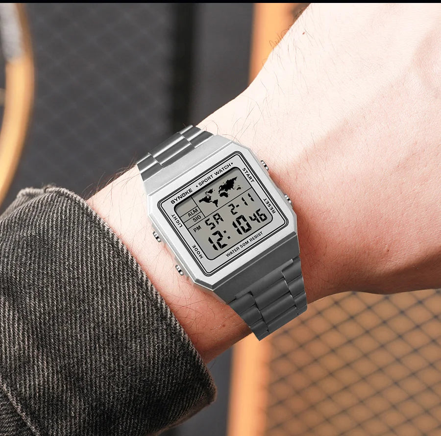 SYNOKE Top Brand Luxury Stainless Steel Chrono Sport Watches Men Back Light Display Digital Wristwatch 5Bar Waterproof Reloj Hom