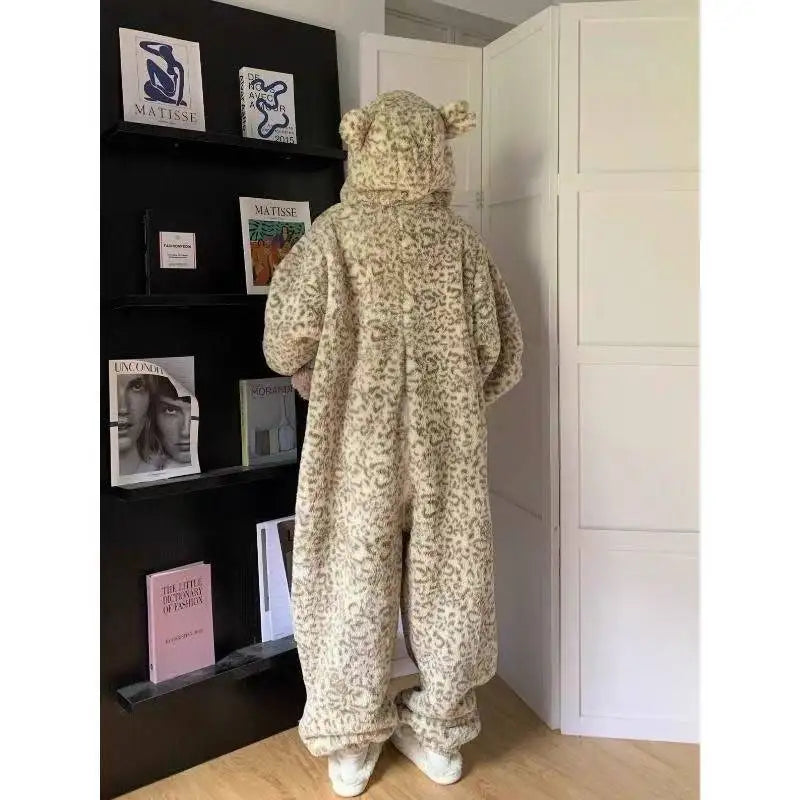 Leopard Hooded Pajamas Animal Kigurumi Unicorn Adult Onesies for Women Winter Sleepwear Flannel Pochets Overall Sets Slippers