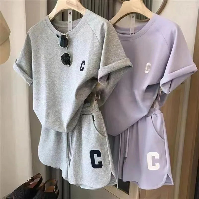 ﻿ 2 Piece Set Women Summer Loose Short Sleeve T-Shirt Casual Shorts Sports Print Letter Casual Suit Large Size Short Pajamas