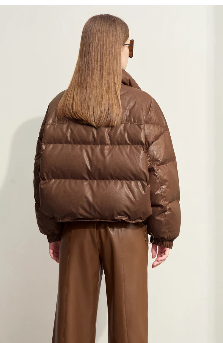 AMII Minimalist Women's Down Coat 2024 Winter Warm Thick Lapel Stand Collar Imitation Leather Duck Down Female Jacket 12444025