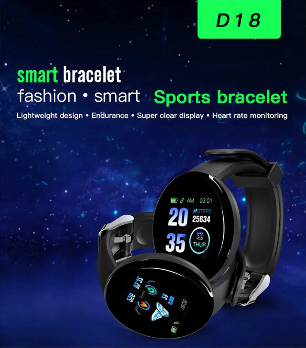 D18 Smart Watch Heart Rate Monitor Men's Women's Smartwatch Round Fitness Digital Watches for Men Women Band Bracelet PK D20 Y68