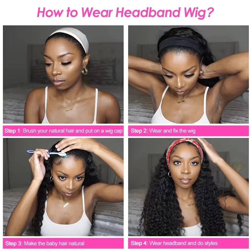Headband Wig Water Wave Human Hair Wigs With Pre-attached Headband Glueless 180% Density Malasysian Human Hair Wig 18-32inch