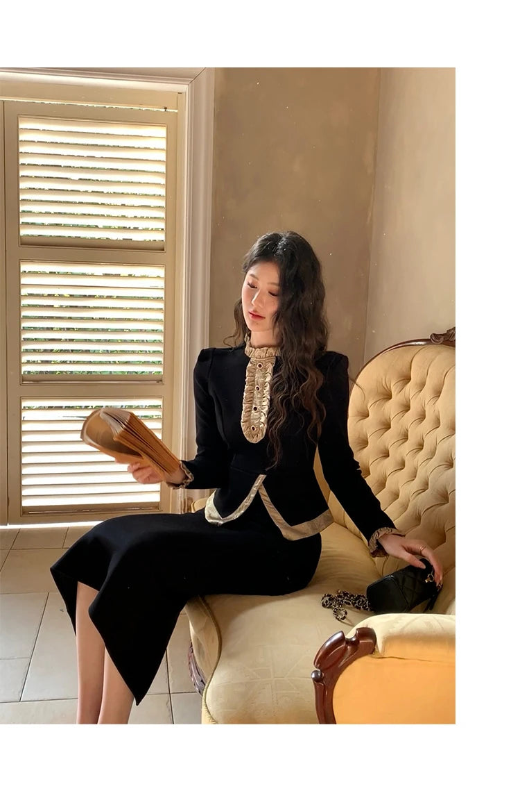 Women Clothes Black Vintage Outfits Elegant Ruffle O-Neck Tops Shirt Blouse And High Waist Midi Skirt Mujer 2 Pieces Set Formal