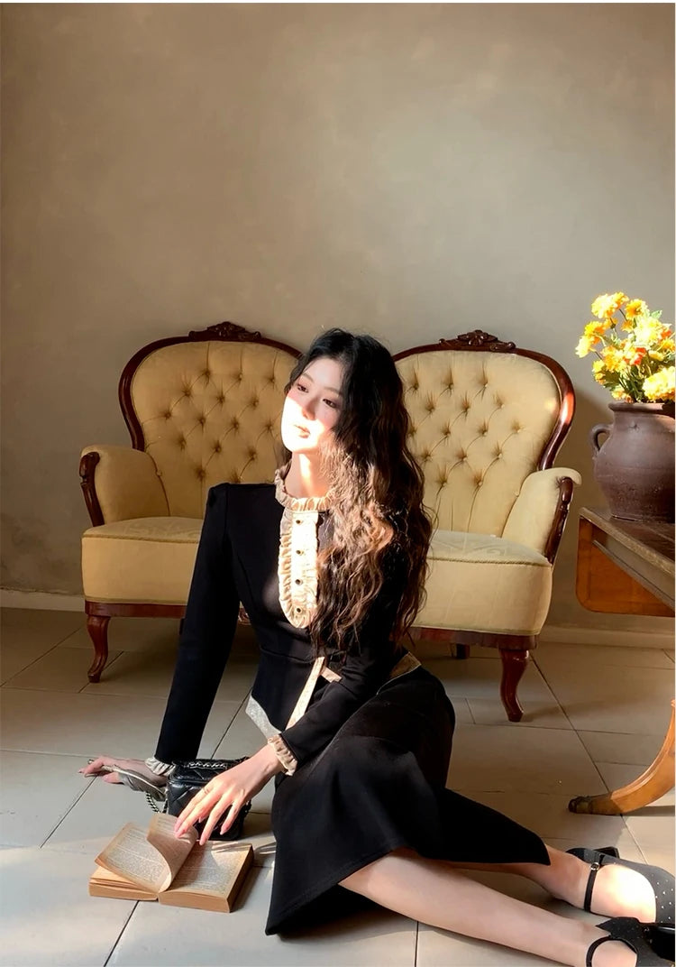 Women Clothes Black Vintage Outfits Elegant Ruffle O-Neck Tops Shirt Blouse And High Waist Midi Skirt Mujer 2 Pieces Set Formal