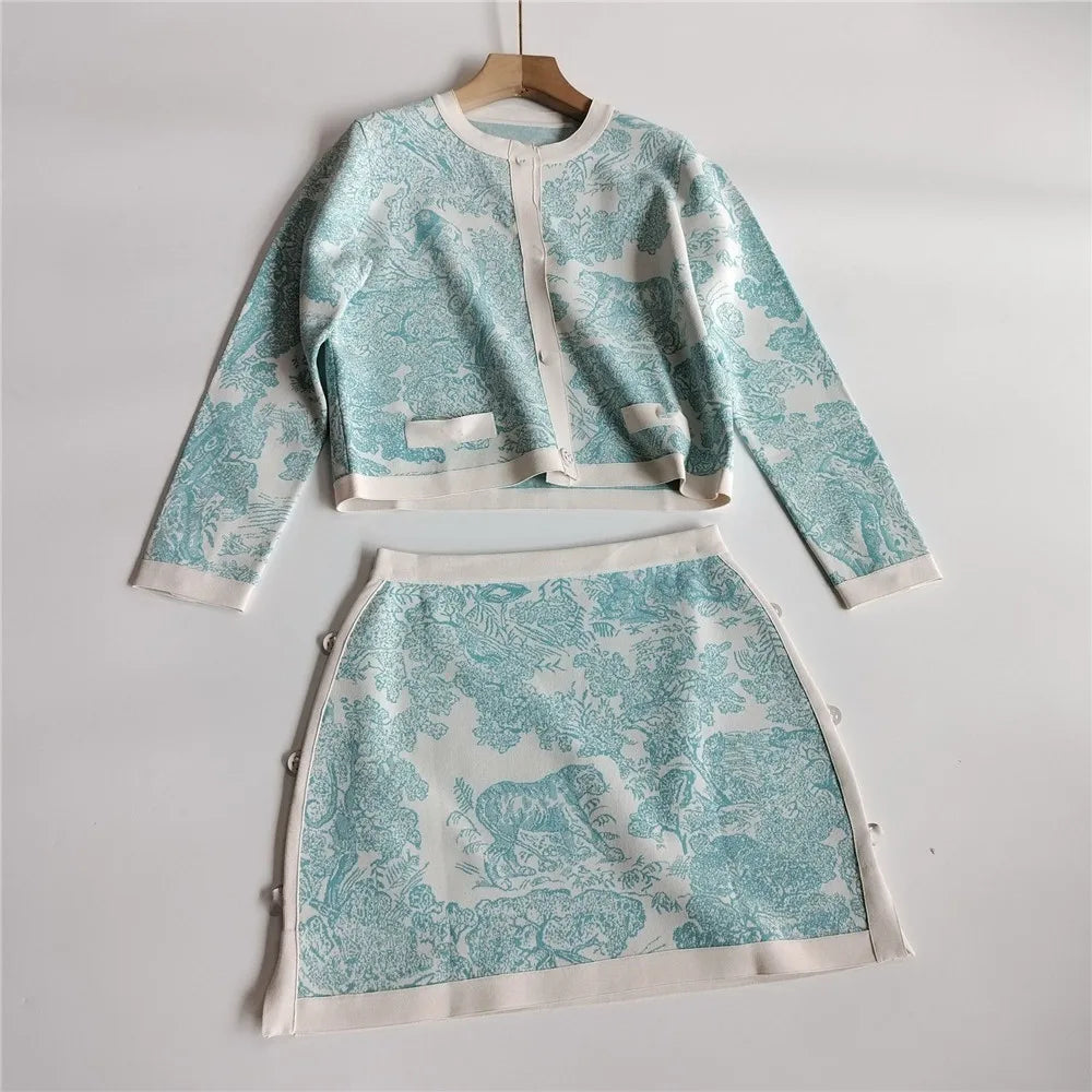 Women's Clothing 2025 Early Autumn New Style Temperament Jungle Jacquard Knitted Cardigan Top+French Elegant Half Skirt Two-Piec
