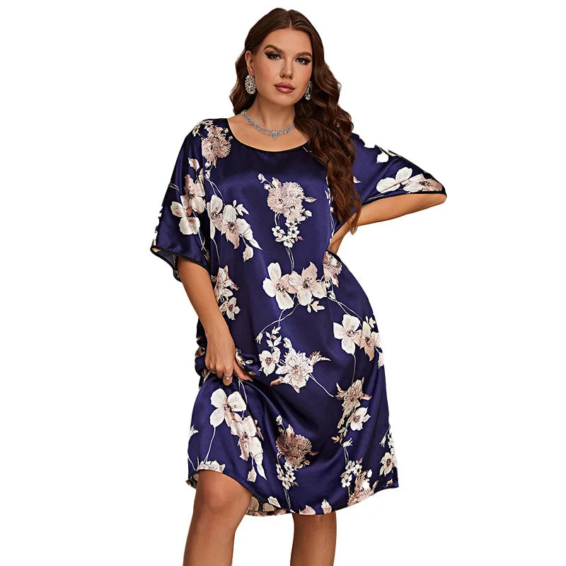 Plus Size Silk Satin Short Sleeves O Neck Women Nightgown Floral Print Sleepwear Nightwear Female Homewear Lounge Clothes