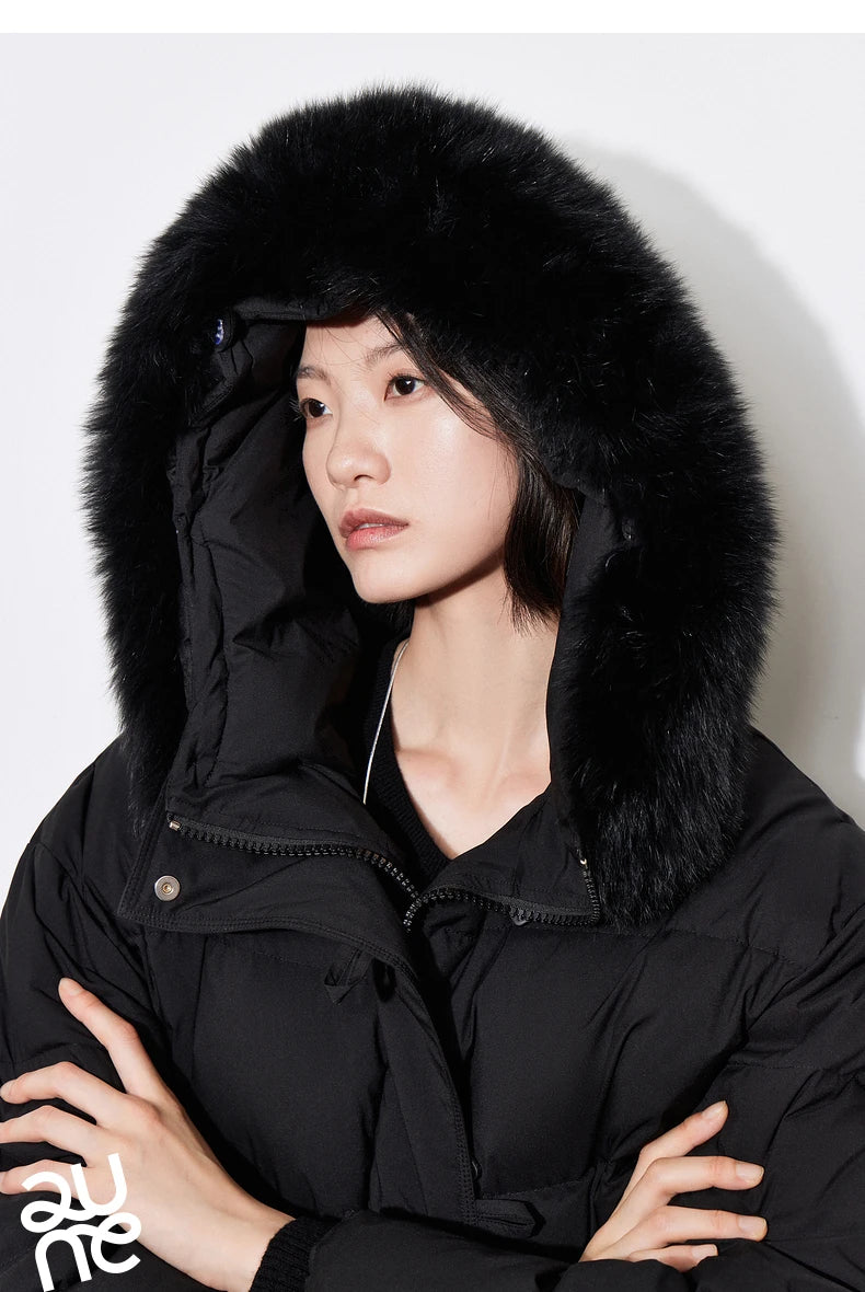 TOYOUTH Women Down Jacket 2024 Winter New 90% White Duck Down Fur Collar Hooded Warm Jacket Coat