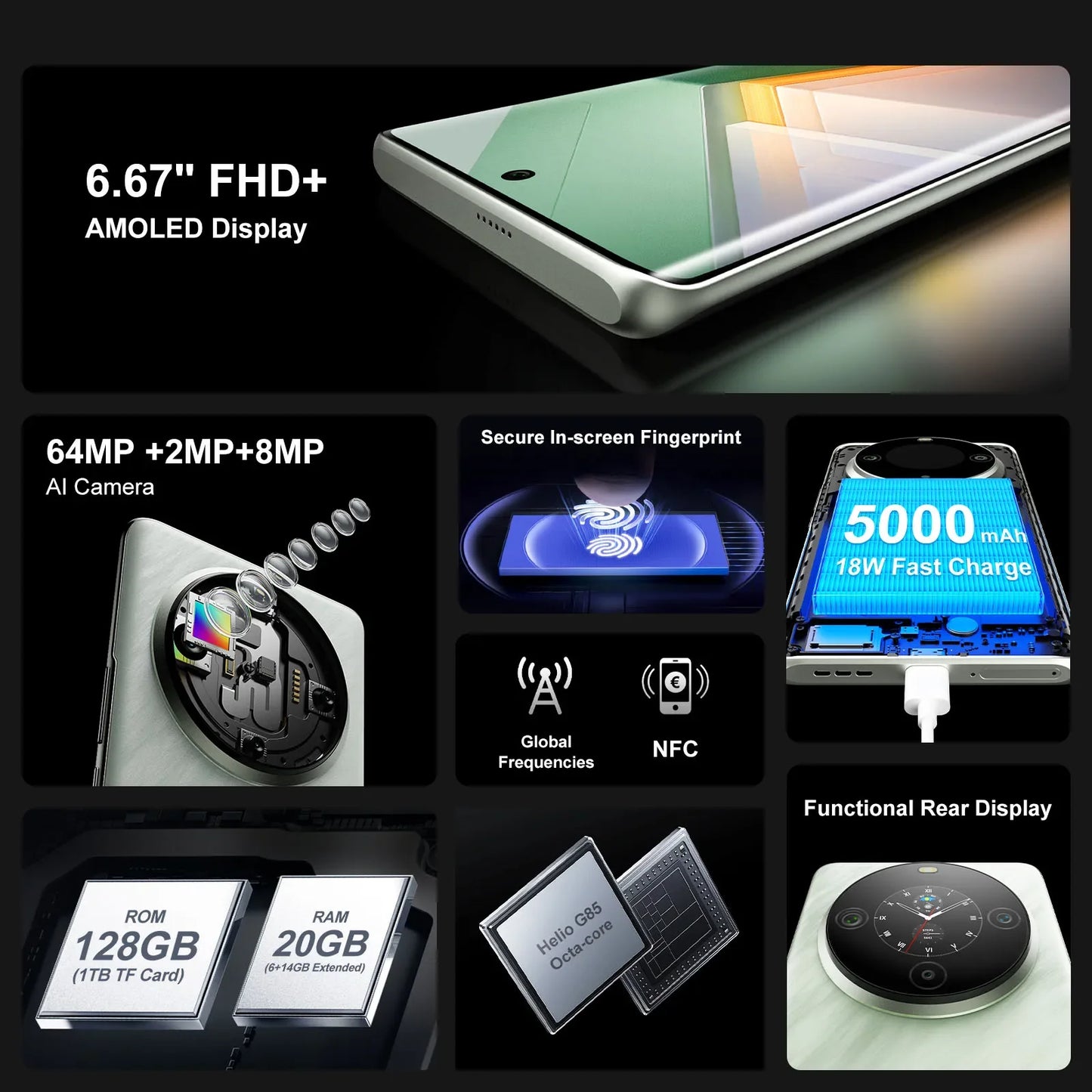 FOSSiBOT S3 PRO Smartphone 20GB +128GB 6.67" AMOLED Display Android 14  Mobile 8+64MP Camera NFC Cell Phone