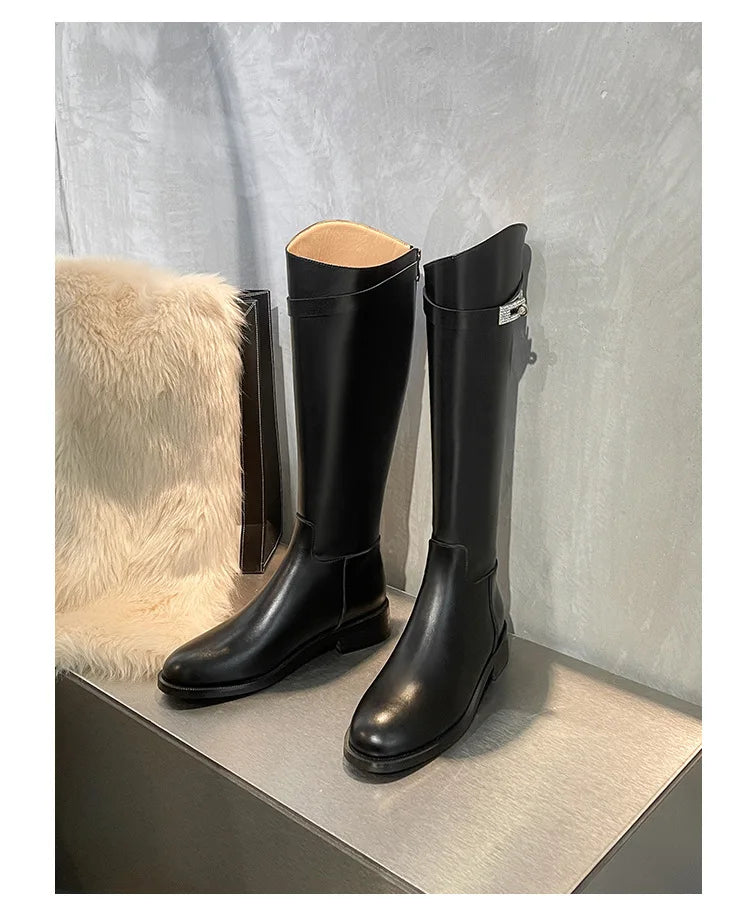 Genuine Leather Thick-Soled Autumn Winter New Style Chunky Heel Rhinestone Buckle High Tube Riding Over-The-Knee Long Boots