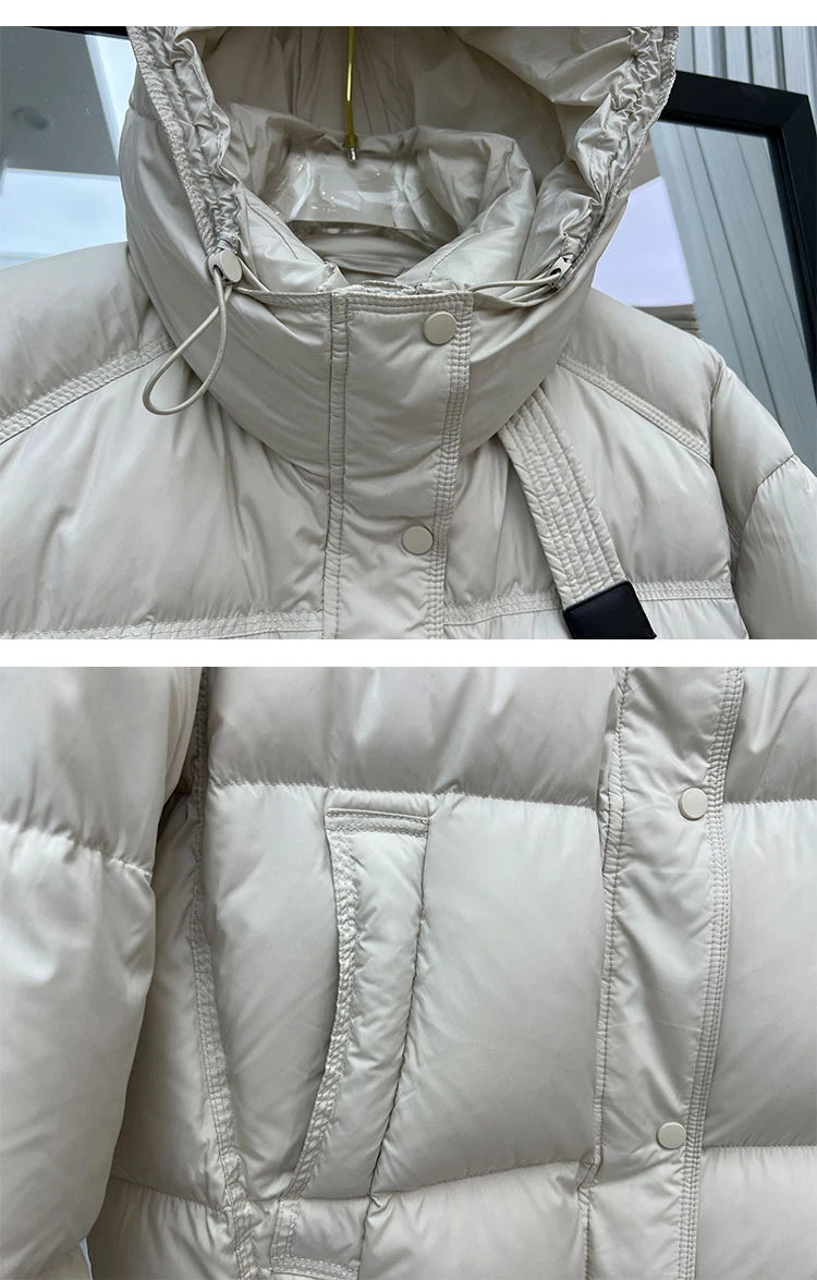 Schinteon Women White Duck Down Jacket with Hood Autumn Winter Warm Outwear Korean Style Over Size Loose Solid Color Coat 2025