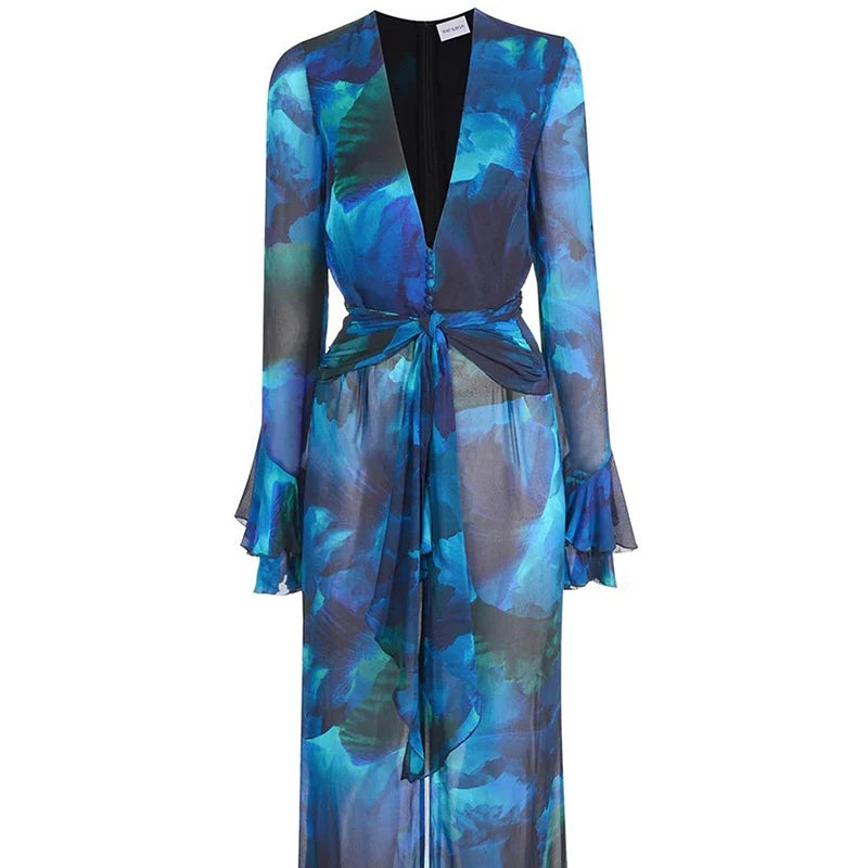 Show Style Floral Print Maxi Slim Dress Women Luxury Deep V-Neck Chiffon Party Dress 2025 Spring Elegant Long Sleeve Slit Dress